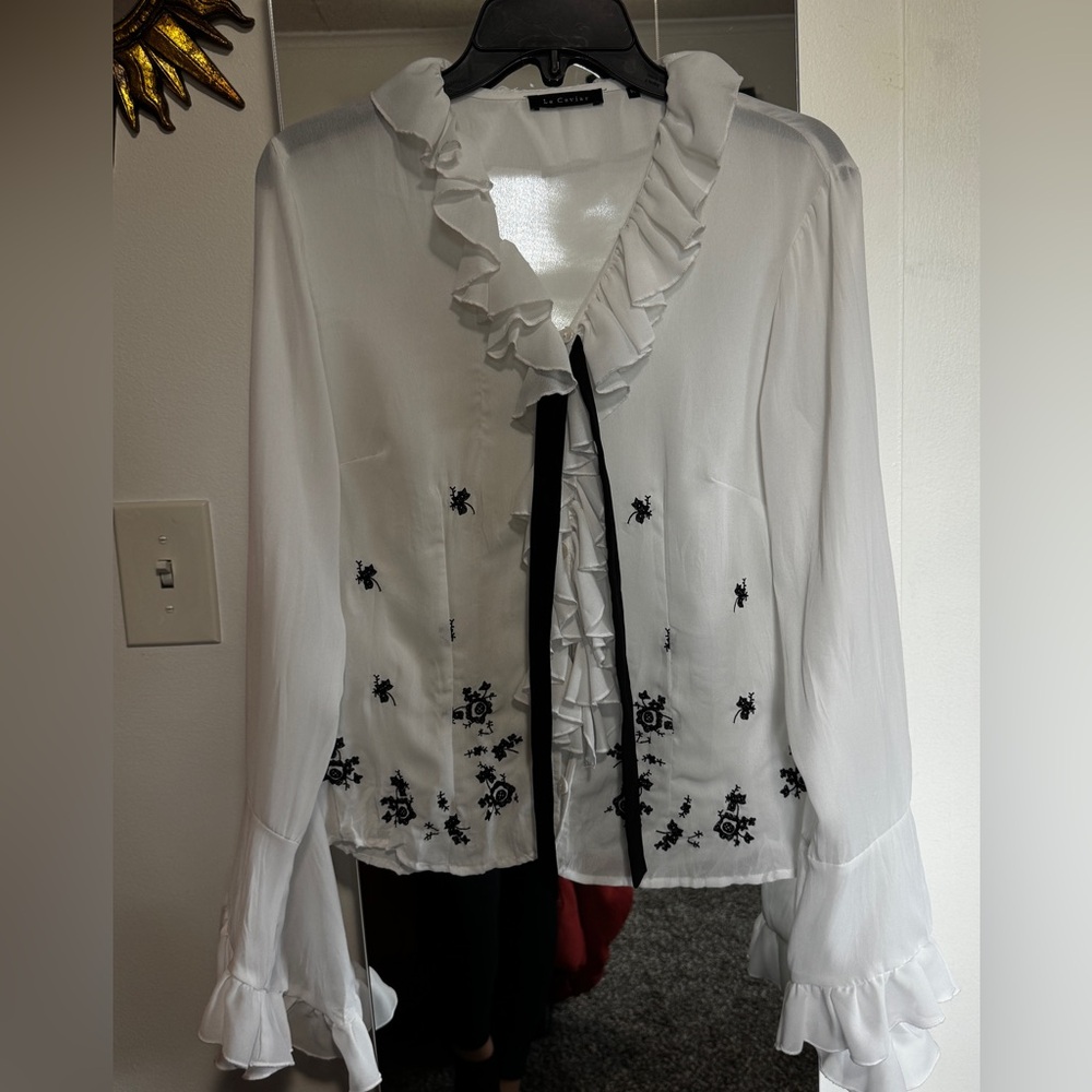 Free People White Ruffled V-Neck Blouse with Black Embroidery